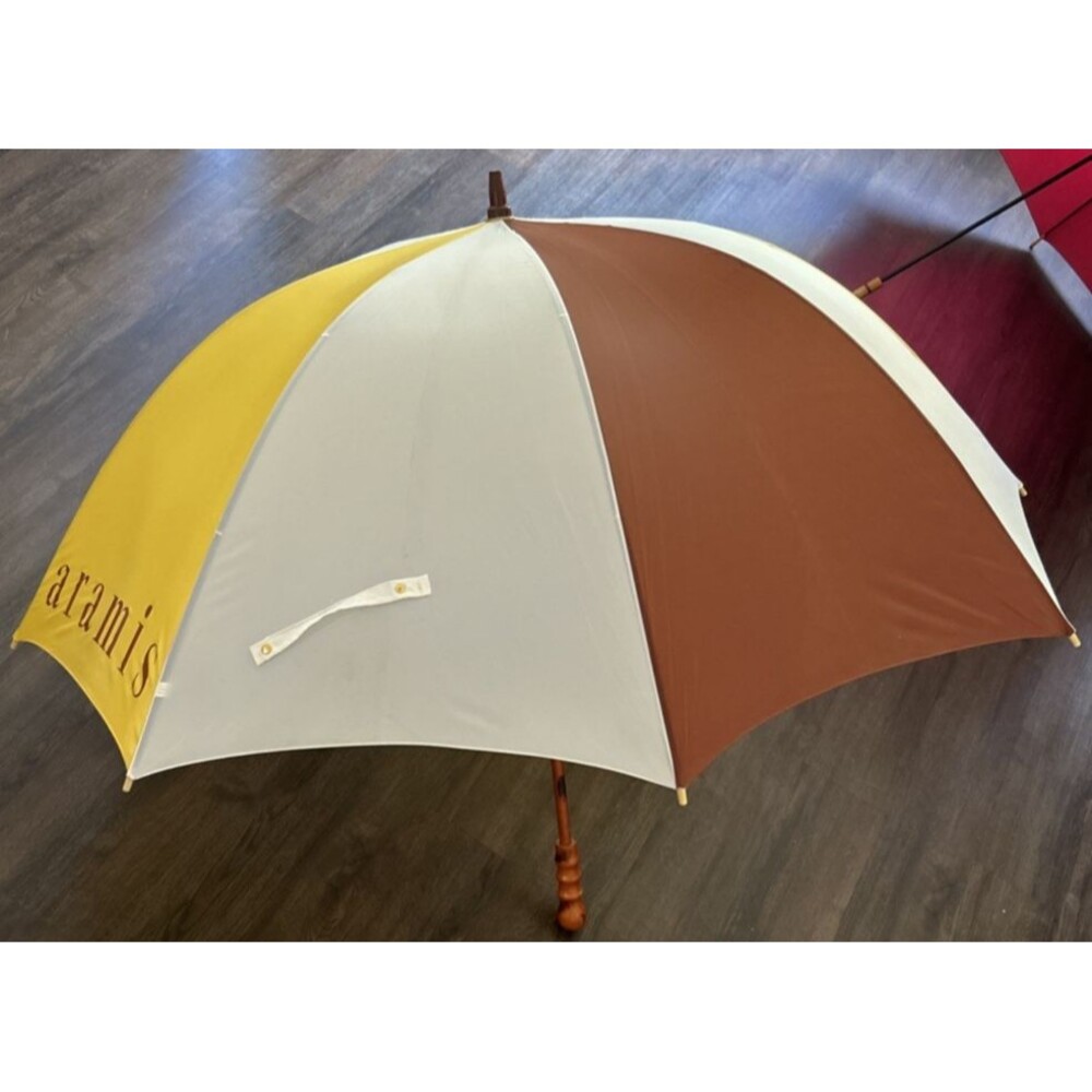 Aramis Rainy Day Golf Umbrella Vintage NWOT Colorblock brown Yellow Log Spellout